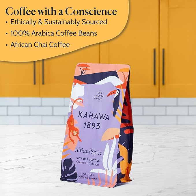 Kahawa 1893 Ground Coffee Medium Roast African Spice 12 Oz - With Cinnamon, Cardamom & Clove, As Seen on Shark Tank, High Antioxidants, Organically Grown, Ethically & Sustainably Sourced