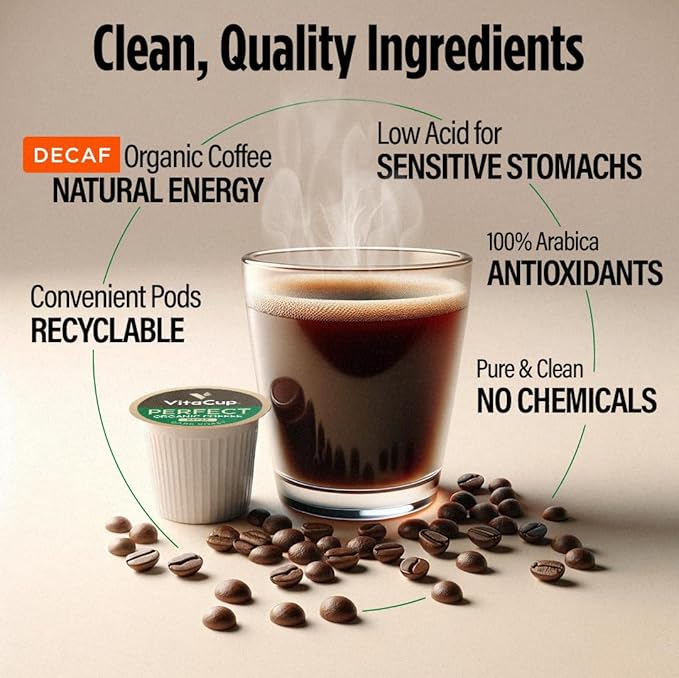 VitaCup Organic Perfect Dark Roast Decaf Coffee Pod for Pure & Clean Energy, Antioxidants, Low Acid, Peru Single Origin in Recyclable Single Serve Pod Compatible with Keurig K-Cup Brewers, 64 CT