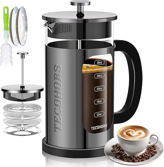 French Press Coffee Maker 34oz / 1 Quart 304 Stainless Steel Coffee Press,with 4 Filters System, Heat Resistant Thickness Borosilicate Glass, Brewed Coffee Pot (Bright Black)