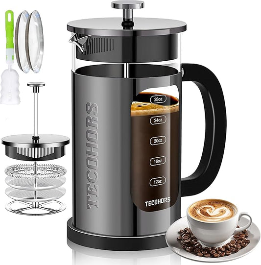 French Press Coffee Maker 34oz / 1 Quart 304 Stainless Steel Coffee Press,with 4 Filters System, Heat Resistant Thickness Borosilicate Glass, Brewed Coffee Pot (Bright Black)