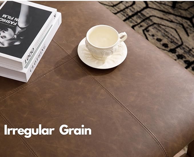 Kmax 32-Inch Dark Brown Faux Leather Coffee Table Large Square Ottoman Foot Rest Stool Upholstered Coffee Table with Wooden Shelf Storage for Living Room Office