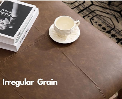 Kmax 32-Inch Dark Brown Faux Leather Coffee Table Large Square Ottoman Foot Rest Stool Upholstered Coffee Table with Wooden Shelf Storage for Living Room Office