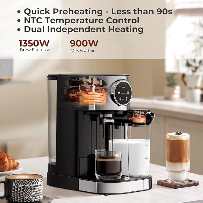 20 Bar Compact Espresso Machine with Steam Milk Frother，Professional Espresso Maker for Home and Office，1350W Touchscreen Cappuccino ＆ Latte Machine，57oz Detachable Water Tank，Black