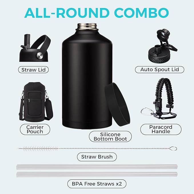 1 Gallon Insulated Water Bottle with Straw - 128oz 64oz Water Jug with Handle Paracord, Straw Spout Lids, Bottle Carrier, Triple Walled Stainless Steel Hydro Bottle, Metal Gallon Water Bottle Large