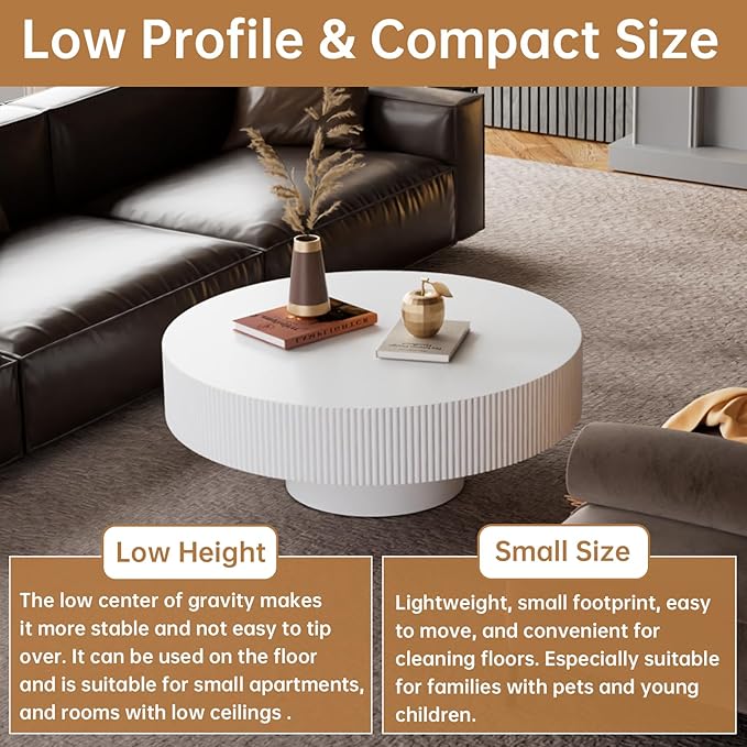 Round Coffee Table 30.7" Modern White Fluted Coffee Table Low Round Drum Pedestal Coffee Tables for Living Room Farmhouse (White 30.7in)