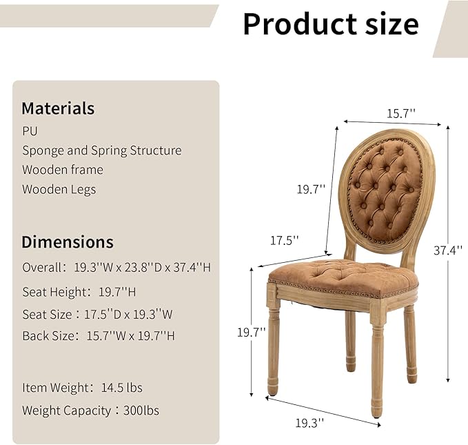 Vintage French Country Dining Chairs Set of 6, PU Leather Dining Chairs with Solid Wood Legs, Orange Upholstered Dining Chair, Sillas para Comedor, Kitchen & Dining Room Chair (Orange, PU, 6Pcs)