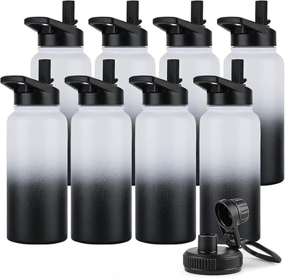 DOMICARE 32 oz Insulated Water Bottle Bulk, Vacuum Insulated Stainless Steel Sports Water Bottle with Straw Lid & Spout Lid, Leakproof, Reusable - Travel, Bike, Black White Gradient (8 Pack)