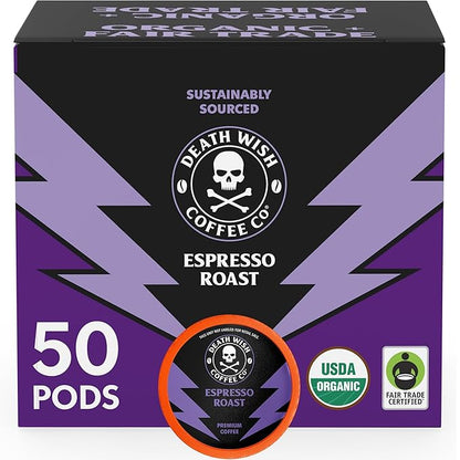 Death Wish Coffee, Espresso Roast Single Serve Coffee Pods - Fair Trade and Organic (50 Count)