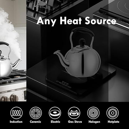 Whistling Tea Kettle Stovetop - 2.3 Quart Round Tea Pot for Stovetop, Silver Mirror Polished Classic Stovetop Kettle, Food Grade Material Teapot for Stove Top