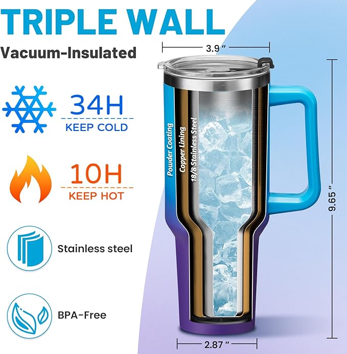 Travel Mugs Insulated for Hot and Cold - 40oz Tumbler with Handle and Straw Spout Lid, Spill Proof Metal Coffee Thermal Cups Gift for Women Men, Dishwasher Safe Water Bottle