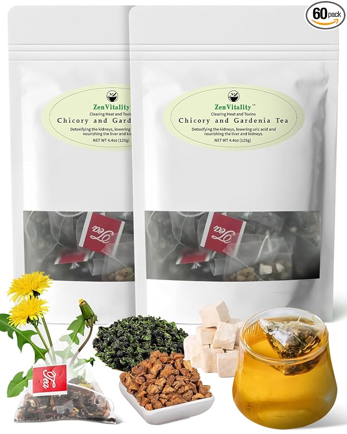 ZenVitality Chicory And Gardenia Tea Bags, Kidney and Liver Tea for diabetes With Tuckaho, Gardenia, Chicory root, Cassia Seed, Mulberry Leaf, Dandelion, Burdock root, Barley
