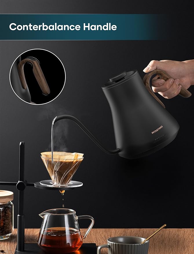 Electric Kettles, INTASTING Gooseneck Electric Kettle, ±1℉ Temperature Control, Stainless Steel Inner, Quick Heating, for Pour Over Coffee, Brew Tea, Boil Hot Water, 1500W/0.9L (Glossy Black)