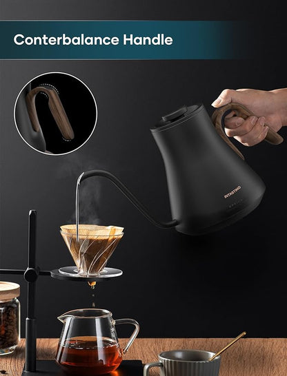Gooseneck Electric Kettle with ±1℉ Temperature Control for Pour Over Coffee & Tea, Quick Heating, BPA-Free Stainless Steel, Built-in Brew Timer, 1500W/0.9L (Black Walnut)