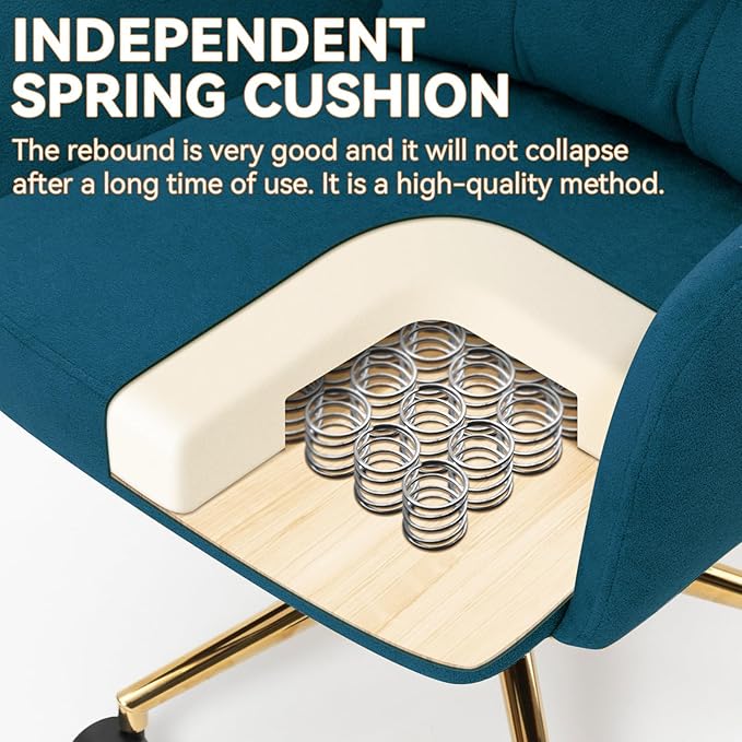 Flannel Office Chair, Comfy Home Office Desk Chairs with Lumbar Support, Modern Velvet Desk Chair Gold Legs Small Swivel Task Chair for Home Office, Bedroom, Study (Blue, L)