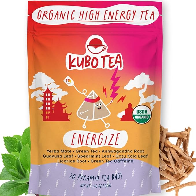 High Caffeine Tea (140 mg) - Kubo Tea: Organic Energize Yerba Mate Green Tea Bags for Clean Energy & Focus | Healthy Coffee Substitute | Ashwagandha Root Blend | 20 Ct | Compostable Packaging