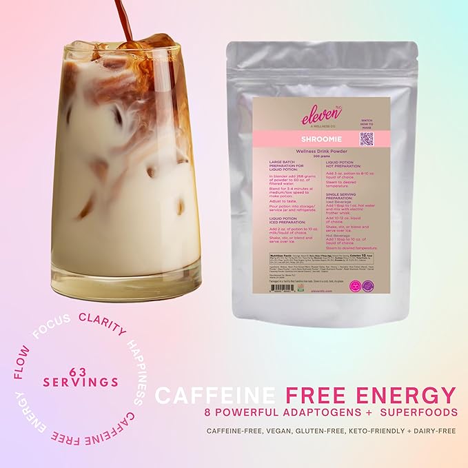 Eleven TLC, Shroomie Master Mind Mushroom Coffee Alternative, 7 Superfoods, Chaga, Reishi + Lion's Mane, Dandy Blend, Energy, Focus, 63 Servings