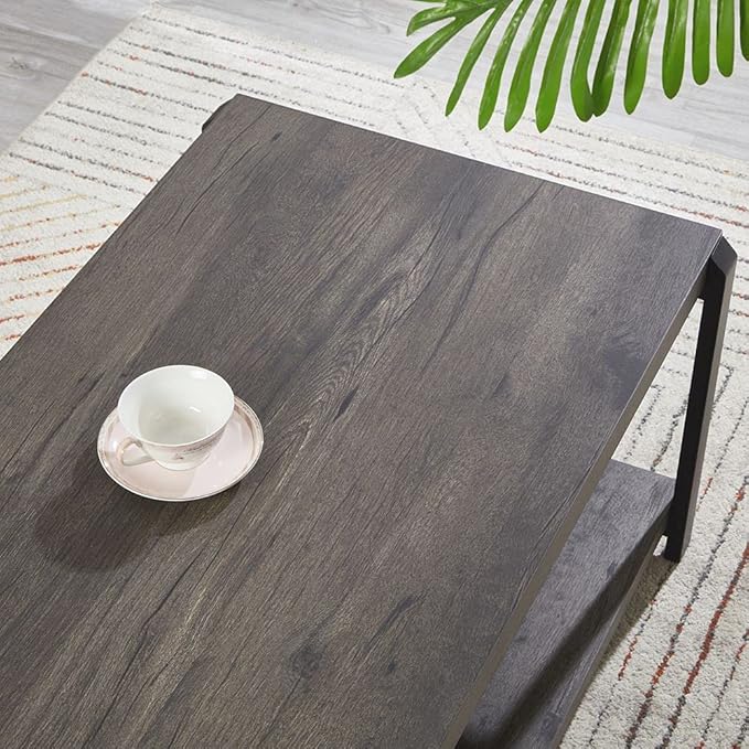 EXCEFUR Coffee Table with Storage Shelf, Rustic Wood and Metal Cocktail Table for Living Room, Grey