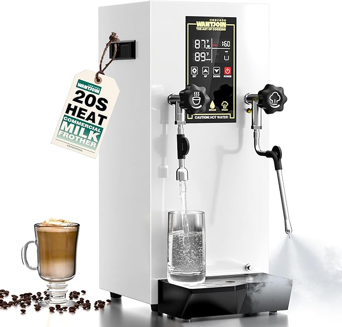 WantJoin Commercial Milk Frother - 1800W Milk Steamer, Hot Water Dispenser, Beverage Heater for Latte, Cappuccino, Coffee, Milk Tea, LED Display, Hotel Use (While)