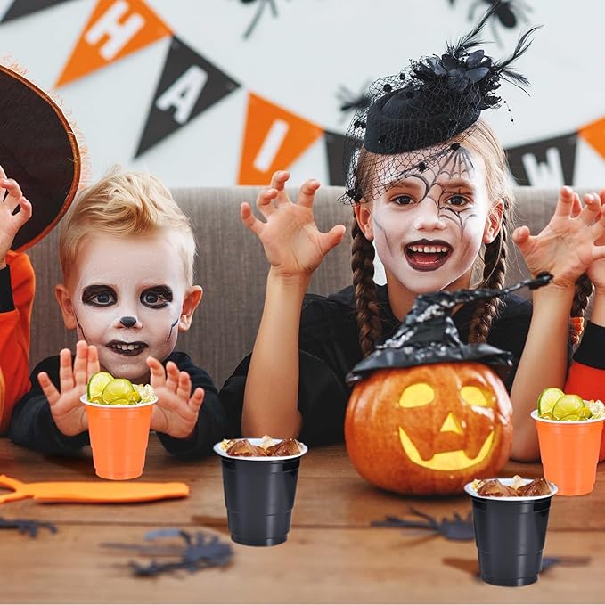 100 Pack 2 oz Plastic Shot Glasses Disposable Shot Cups, Mini 2oz Party Cups for Halloween, Birthday, Wedding, Bachelorette Party, Baby Shower Supplies (Orange, Black)