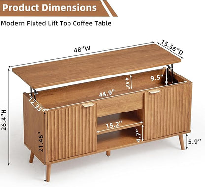 LEYAOYAO 48" Fluted Lift Top Coffee Table with Hidden Storage & Adjustable Shelves, Lifting Tabletop Large Rectangular Coffee Tables, Mid Century Modern Wood Center Table for Living Room, Brown