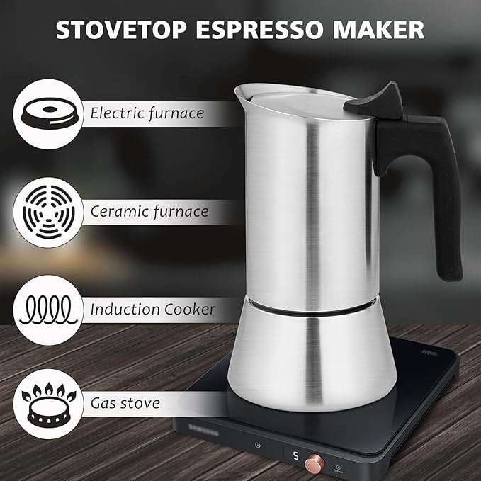 Stovetop Espresso Maker Stainless Steel Moka Pot, 4 cup Espresso Coffee Pots 200ml/7oz(Espresso Cup=50ml/1.7oz), Italian Coffee Maker for Induction Cookers Hobs, Cafe Maker for Camping Home