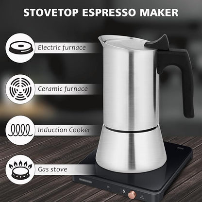Stovetop Espresso Maker Stainless Steel Moka Pot, 4 cup Espresso Coffee Pots 200ml/7oz(Espresso Cup=50ml/1.7oz), Italian Coffee Maker for Induction Cookers Hobs, Cafe Maker for Camping Home