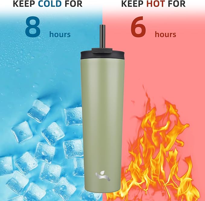 34 OZ Insulated Tumbler with Lid and 2 Straws Stainless Steel Water Bottle Vacuum Travel Mug Coffee Cup,ArmyGreen