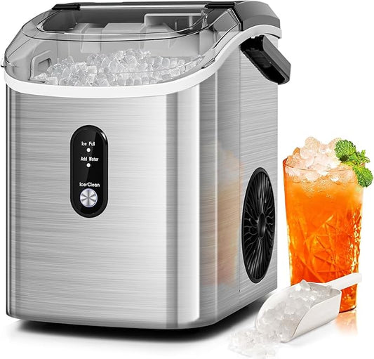 Antarctic Star Nugget Ice Makers Countertop, Portable Ice Maker Machine with Self-Cleaning, 35lbs/24H, Crushed Ice Machine with Handle & Scoop for Home, Kitchen, Office and Camping(Stainless Steel)