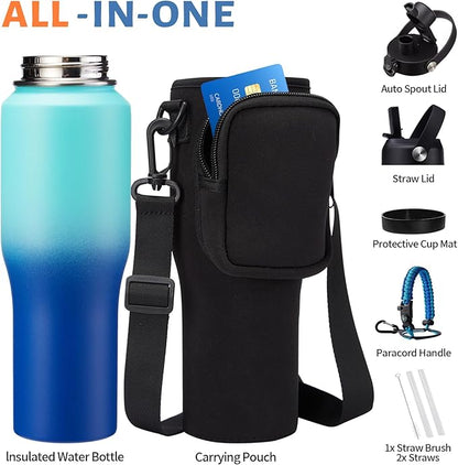 32oz Insulated Water Bottle with Straw - Keep Cold 48h or Hot 24h, Vacuum Stainless Steel Tumbler Metal Flask w/Survival Paracord Handle & Carrier Bag, T-shape Coffee Cup Fit Car Cup Holder