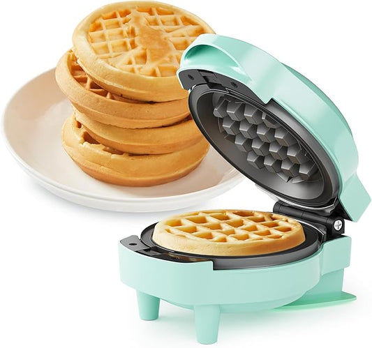 6 in 1 Mini Waffle Maker: 4” Waffle Iron with Removable Non-stick Plates, Perfect Mini Waffle Maker for Kids and Families, Light Blue