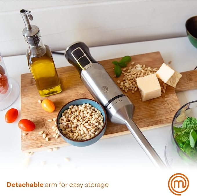 MasterChef Immersion Blender Handheld, Stainless Steel Hand Held Blending Stick Emulsifier with Chopper Attachment and Measuring Jug, Puree Blender for Making Baby Food, Soup, Sauces etc, 400W