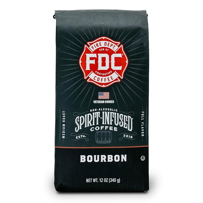 Fire Department Coffee - Bourbon Coffee - Gives Back to Firefighters - Premium Bourbon Infused Grounds - Medium Roast - Non-Alcoholic - Roasted in the USA - Veteran Owned - 12 oz