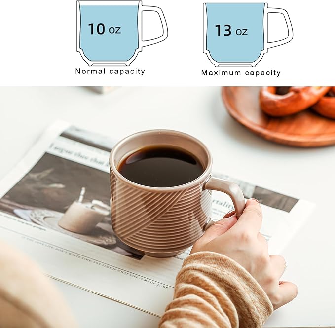 Stackable Coffee Mugs Set: 13 oz Ceramic Stacking Cups for Cappuccino Latte Tea - Microwave Safe Mug for Home & Office - 4 PCS, 4 Color Assorted