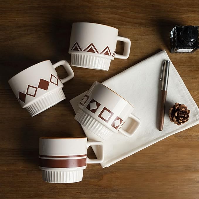 Stackable Coffee Mugs Set, Ceramic Espresso Cups for Au Lait, Cappuccino,Latte,Cafe,Mocha,Tea, Geometric Pattern Cups Suit For Housewarming Wedding- 11 oz, Set of 4, Beige&Brown