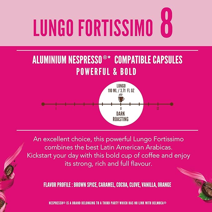 Belmio Lungo Fortissimo Espresso Coffee Pods – Dark Roast – Bold & Full of Flavor - Nespresso Original Line Compatible – 10 Count (Pack of 10)