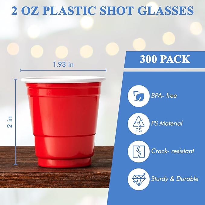 Lilymicky 300 PACK 2 oz Plastic Shot Glasses, Red Disposable Shot Cups, Mini Red Shot Cups, 2 oz Party Cups for Halloween Christmas Party