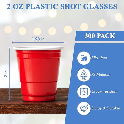 Lilymicky 300 PACK 2 oz Plastic Shot Glasses, Red Disposable Shot Cups, Mini Red Shot Cups, 2 oz Party Cups for Halloween Christmas Party