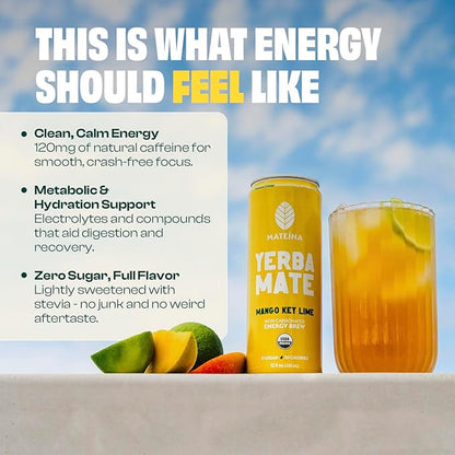 Mateina Yerba Mate Zero Sugar Energy Drink – 120mg Natural Caffeine – Organic, Non-GMO, Non-Carbonated – Dr. Andrew Huberman Recommended – 12 Pack (12oz Cans) (12 Pack, Mango Key Lime)