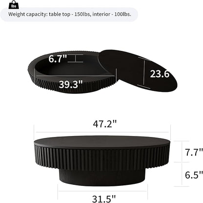 47 Inch Oval Drum Coffee Table with Storage, Handcraft Fluted Drum Coffee Table, Modern Wooden Oval Cocktail Tea Table Center Table with Sturdy Pedestal for Living Room Apartment (Black)