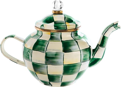 MACKENZIE-CHILDS Enamel Teapot, Cute Small Teapot with Lid, 4-Cup Capacity, Green-and-White Emerald Check