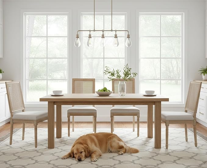 CIMOTA Farmhouse Dining Chairs Set of 4, French Rattan Dining Room Chairs with Rectangle Back/Distressed Wood Upholstered Vintage Side Chairs for Kitchen/Restaurant, Beige/4PCS