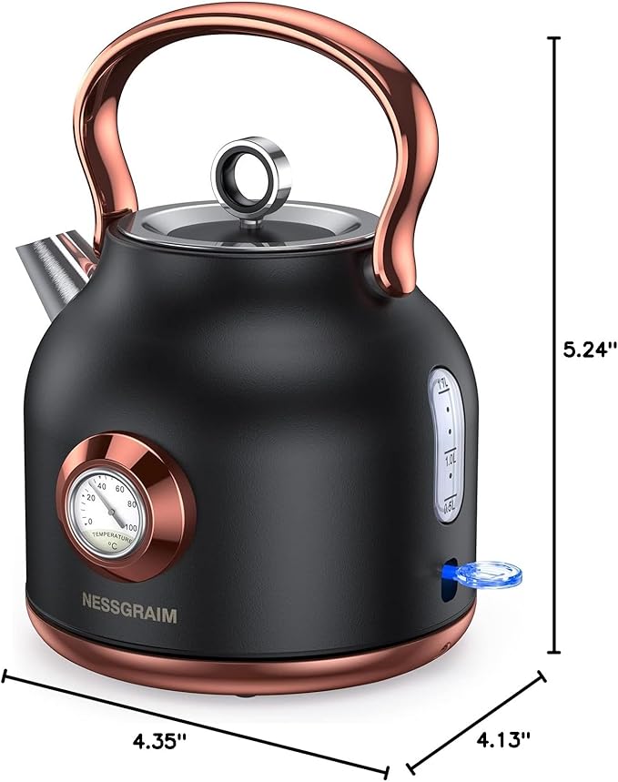 Retro Electric Kettle, 1.7L Stainless Steel Tea Kettle with Large Temperature Gauge, 1500W Fast Heating Hot Water Boiler with LED Indicator, Auto Shut-off & Boil-Dry Protection-Reteo Black