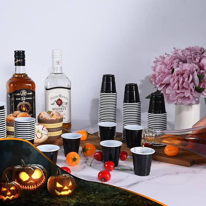 100 Pack 2 oz Plastic Shot Cups Disposable, Mini Disposable Shot Glasses Jello Shot Cups, 2 oz Party Cups for Wedding, Party Favor, Beer Taste Serving, Snacks, Tastings (Black)