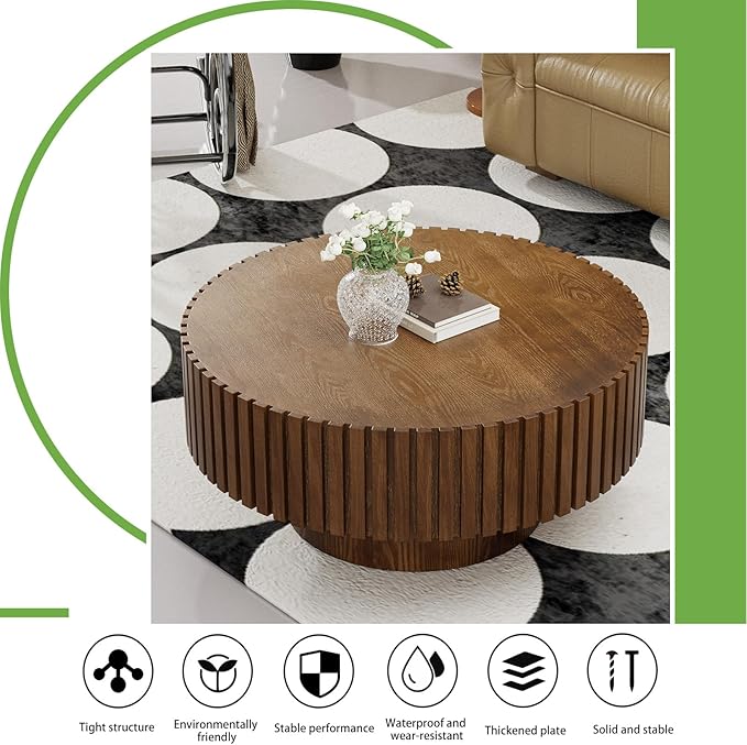 Artisan-Crafted Round Fluted Coffee Table - Solid Wood Drum Base with Detailing, Handmade Circular Centerpiece for Living Room, Rustic Modern Home Decor (D Walnut 31in)