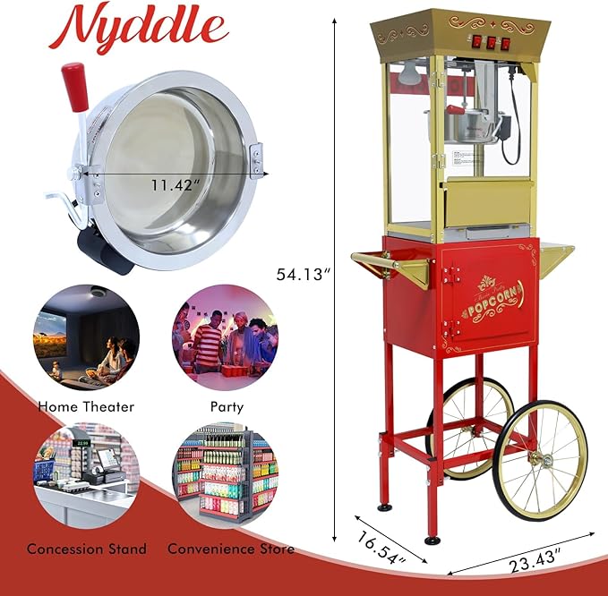 Popcorn Machine with Cart, Wheels & 12 Oz Kettle, Popcorn Maker Machine Vintage Style Movie Theater Popcorn Machine for Parties, Events, Commercial, and Home Theater