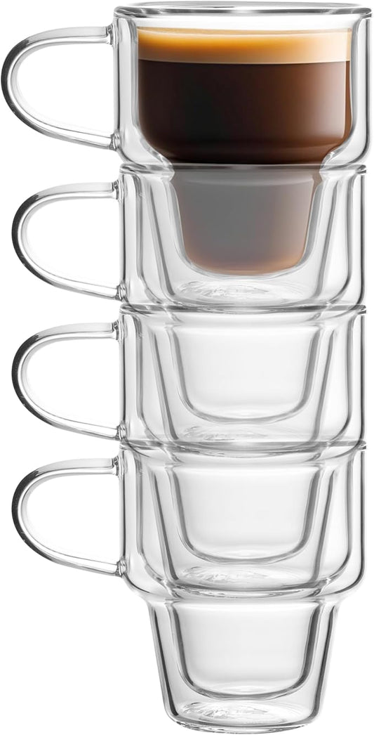 NIRA.Z 4 Pack Double Wall Glass Coffee Mugs 12 OZ Insulated Espresso Cups with Handle, Stackable Thermal Glass Coffee Cups, Ideal for Hot & Cold Drinks, Juice, Americano, Latte, Tea Bags, Cappuccinos