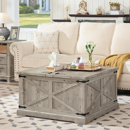 Farmhouse Coffee Table with Large Hidden Storage Compartment, Light Oak Square Center Table, Wood Rustic Low Modern Living Room Tables with Hinged Lift Brown Top & Wooden Arc Base