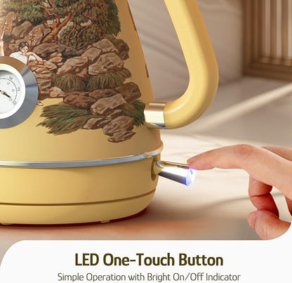 Hazel Quinn Retro Electric Kettle - 1.7 Liters / 57.5 Ounces Tea Kettle with Thermometer, All Stainless Steel, 1200 Watts Fast Boiling, BPA-free, Cordless, Automatic Shut Off - Garden Scenery