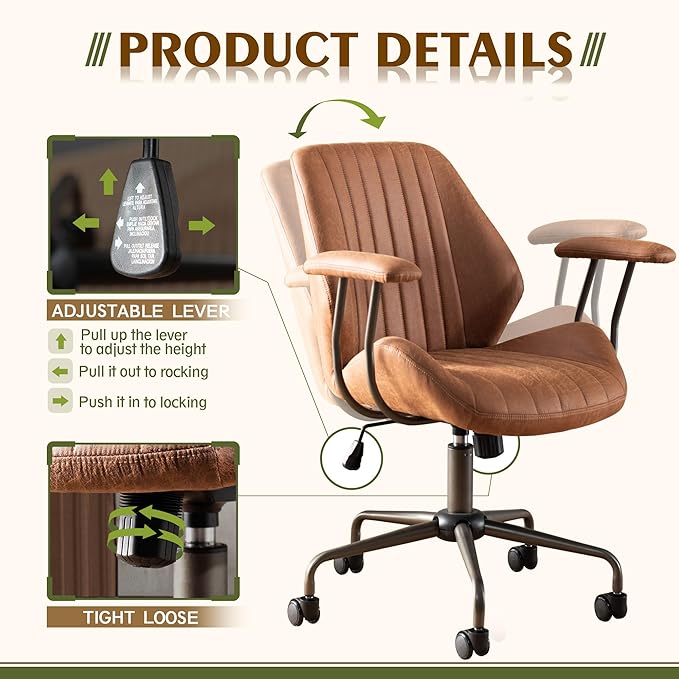 High Back Office Chair,Modern Swivel Office Chair,Brown Suede Fabric Gaming Chair,Height Adjustable Home Office Desk Chair with Lumbar Support