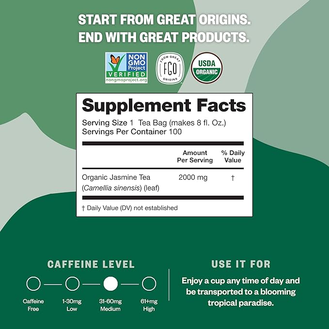 FGO Organic Jasmine Green Tea, 100 Count, Eco-Conscious Tea Bags, Resealable Bag, Packaging May Vary (Pack of 1)